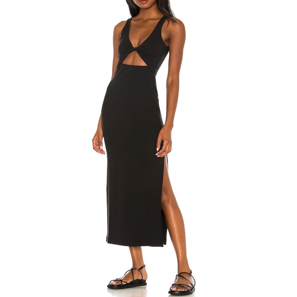 L*Space Nico Dress Black Ribbed Twist Front Cutout Side Slit Revolve Midi Size M